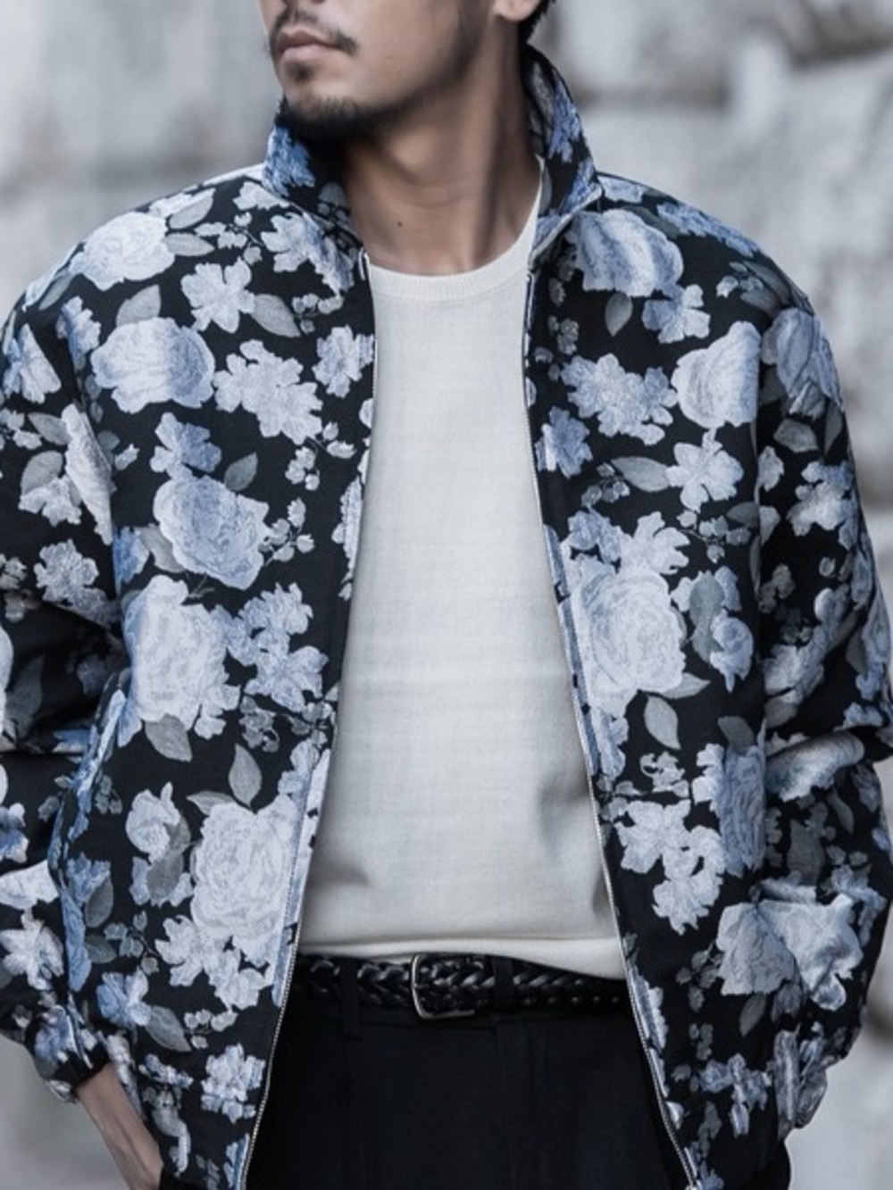Westbound Navy Blue Floral Zip-Front Bomber Jacket